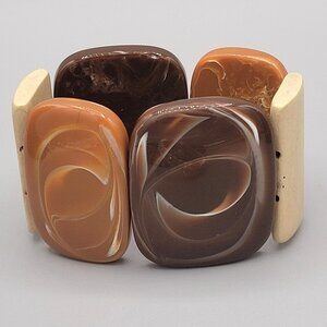 Chunky Brown Beige Stretch Bracelet With Large Oval Resin Marbled Beads